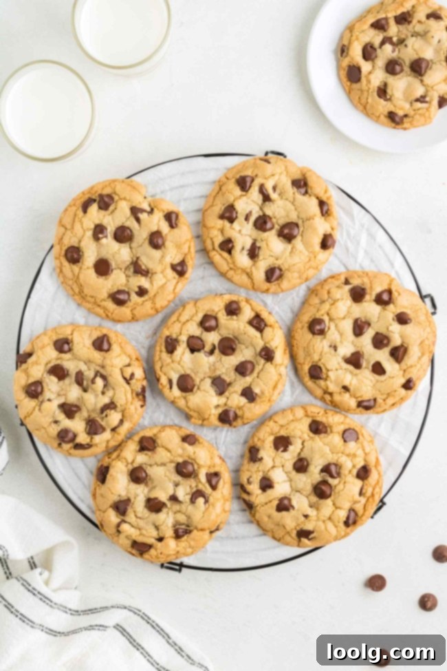 Overhead shot of a plate brimming with delectable chocolate chip cookies, baked without butter and generously studded with chocolate chips, ready to be enjoyed.