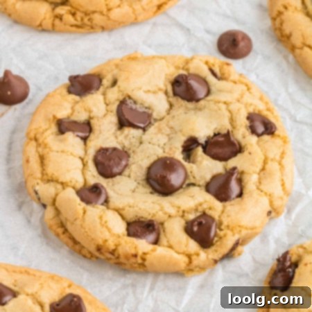 Close-up photo of a perfect chocolate chip cookie made without butter that is loaded with chocolate chips.