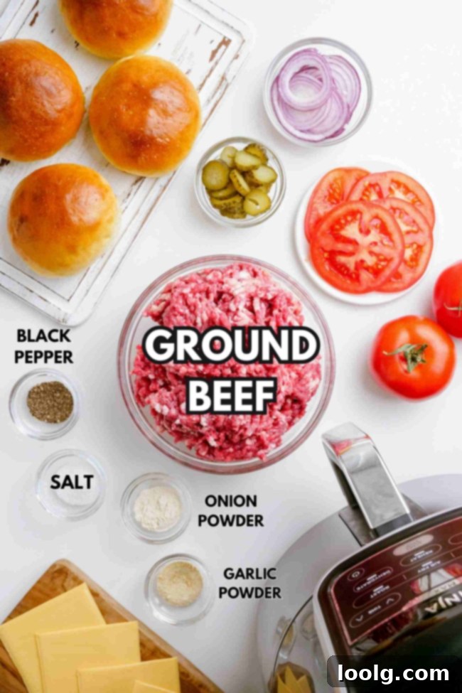 ingredients laid out to make air fryer burgers