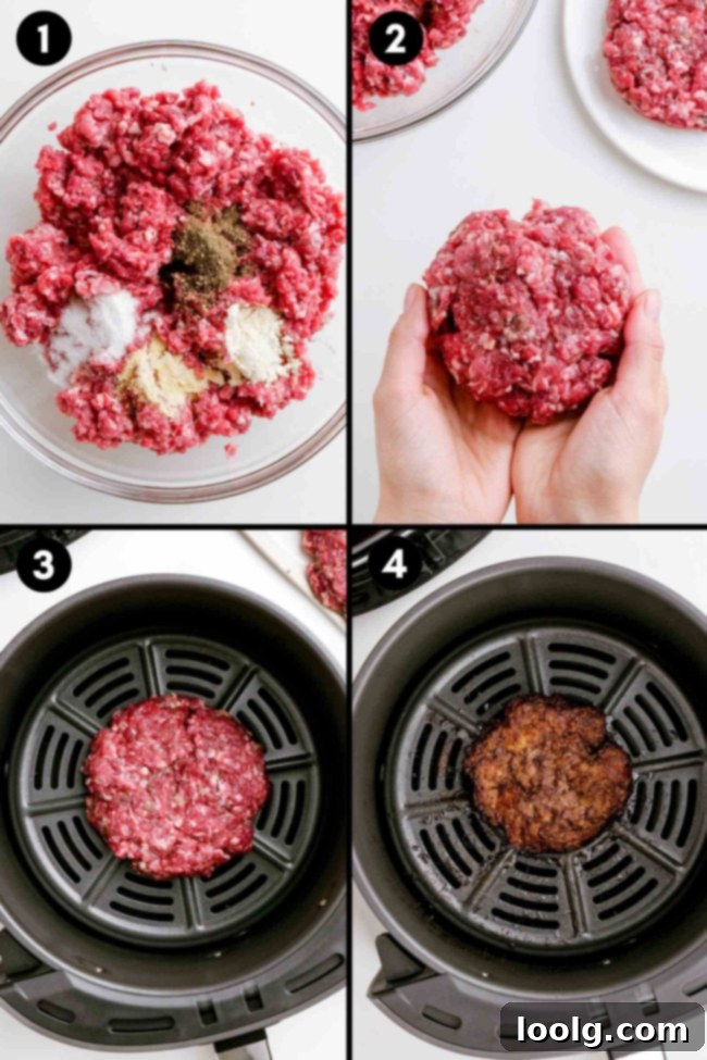 collage showing the mixing together the ground beef, placing it in the air fryer, and the finished burger in the air fryer basket