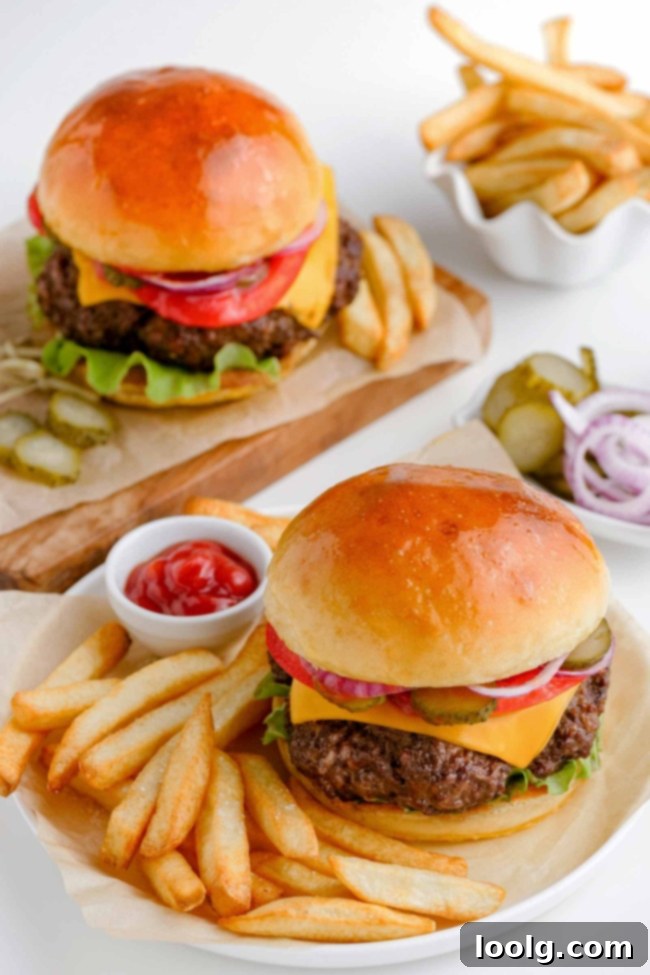 air fryer hamburgers on white plates with fries on the side
