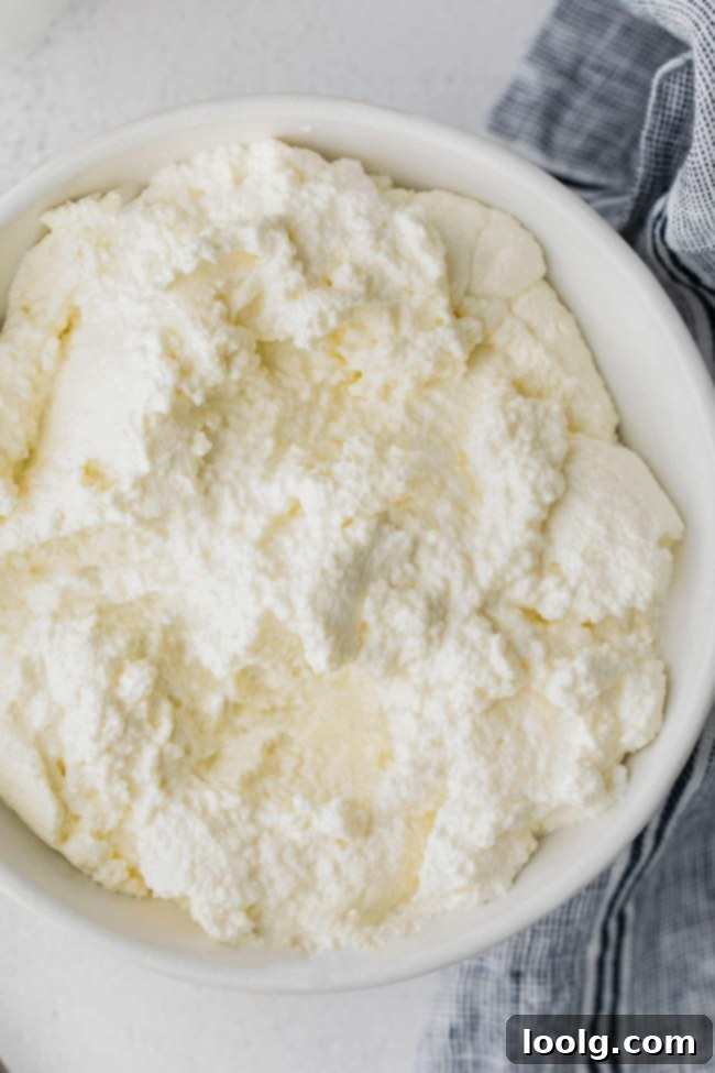 Close-up of a bowl filled with fresh, creamy homemade ricotta cheese