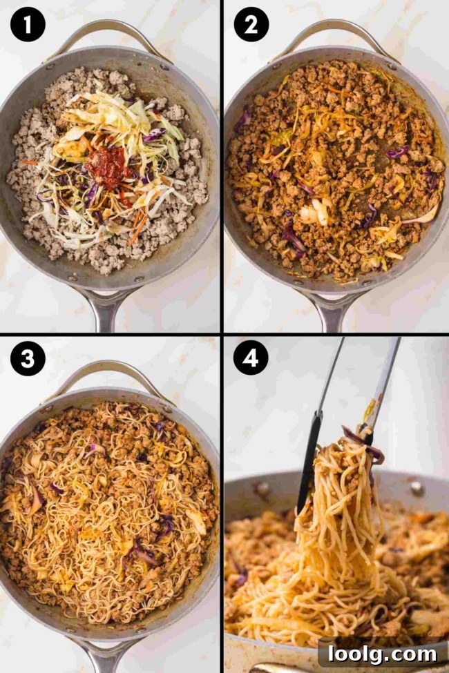 Sticky Honey Garlic Noodles with Sesame and Scallions 4 collage showing the mixing together of ingredients for honey garlic noodles