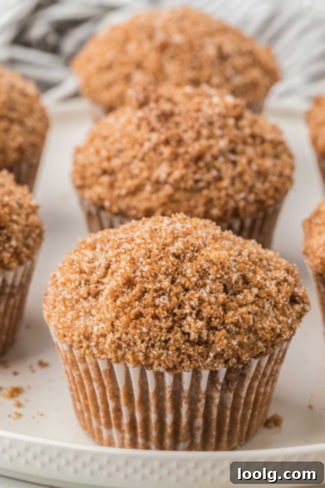 A single sourdough cinnamon muffin on a small white plate, with more muffins visible in the background.