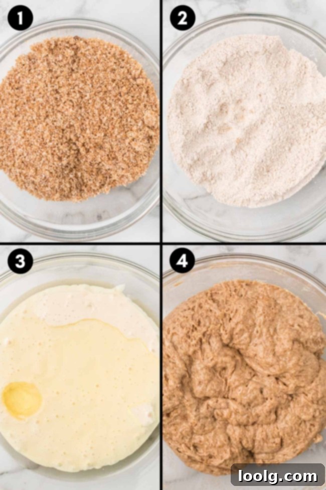 A photo collage showing the three main steps: whisking dry ingredients, whisking wet ingredients, and folding them together.