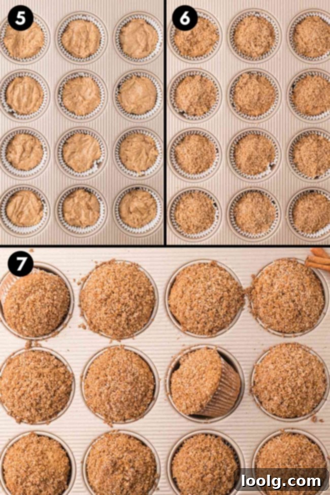 A photo collage showing the muffin batter being scooped into a tin, topped with cinnamon sugar, and then the final baked muffins.