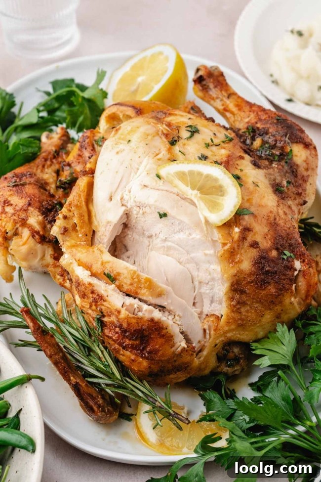 sliced open oven roasted whole chicken on a white serving dish