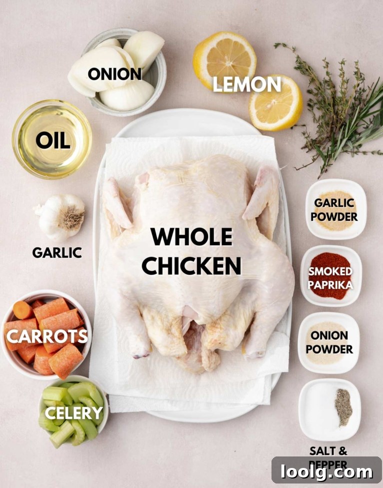 ingredients laid out to make an oven roasted whole chicken