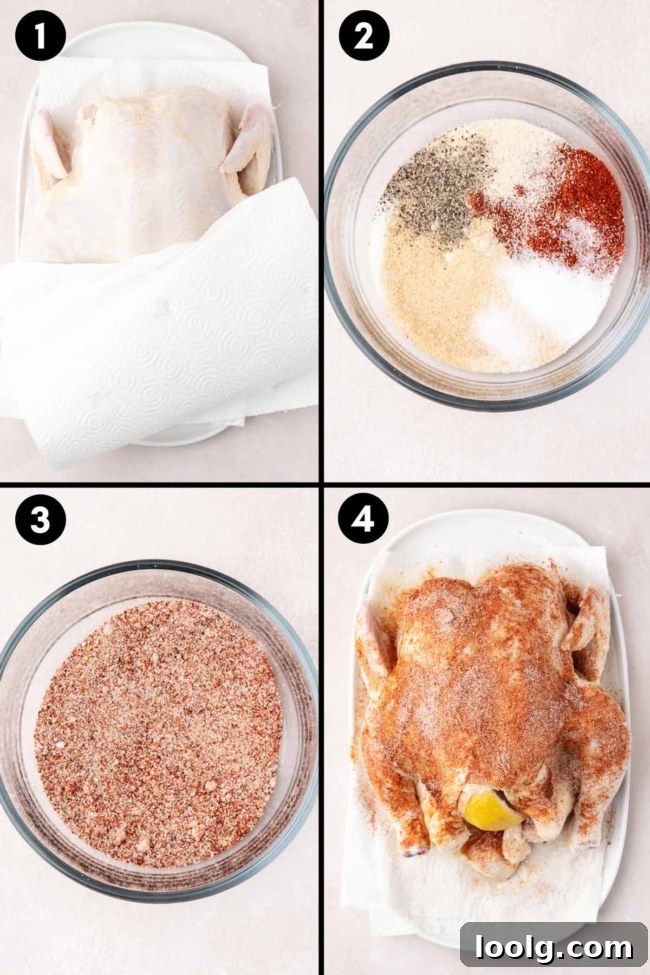 collage showing to pat the chicken dry, mix together the spice rub, and spread it on the chicken