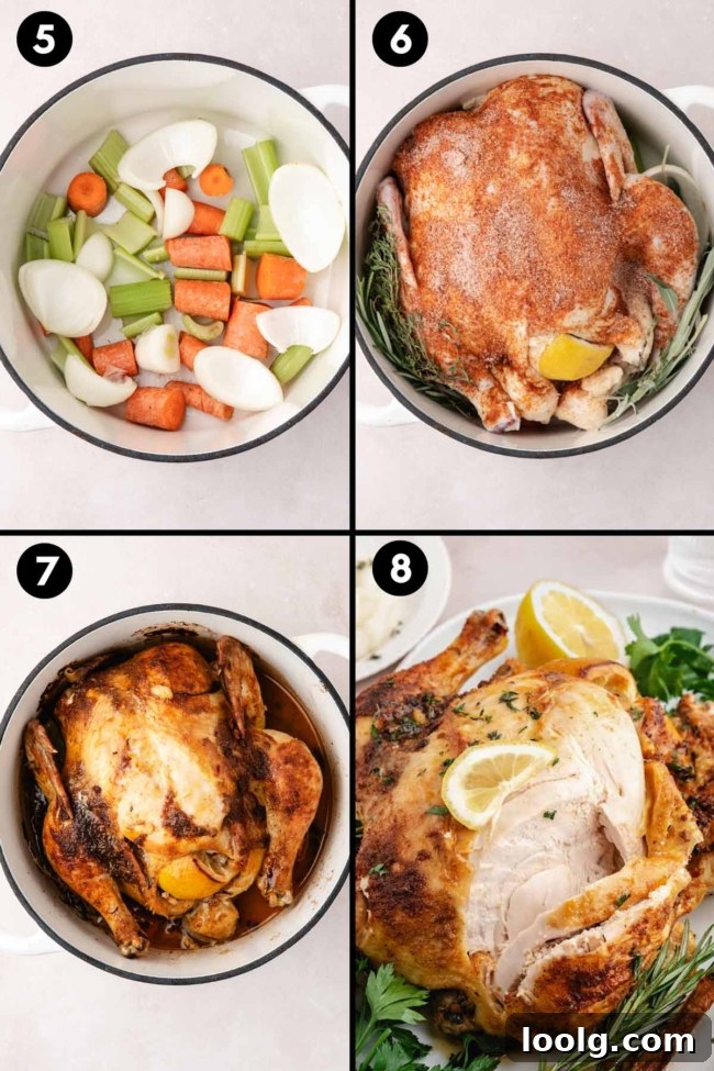 collage showing how you add the veggies to the dutch oven, put the chicken on top, roast and slice