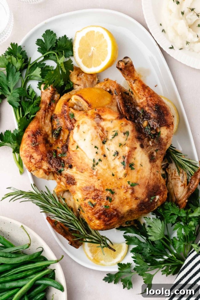 oven roasted whole chicken on a white serving dish with herbs surrounding it