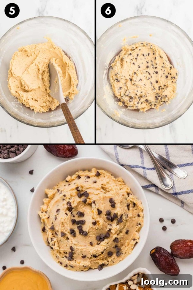 collage showing the mixing in of chocolate chips and the finished cottage cheese cookie dough in a white bowl