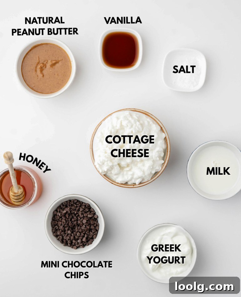 Creamy Cottage Cheese Ice Cream Recipe 4 all ingredients laid out on a white table to make cottage cheese ice cream