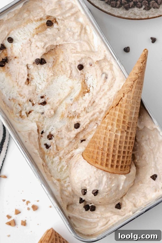 Creamy Cottage Cheese Ice Cream Recipe 6 loaf pan filled with cottage cheese ice cream along with an ice cream cone
