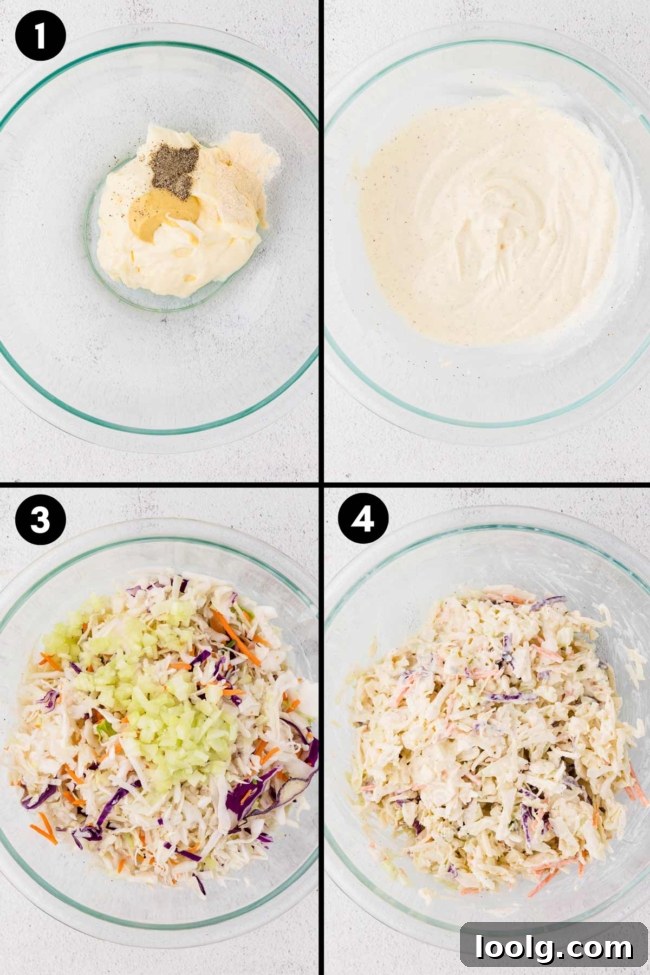 Creamy Blue Cheese Coleslaw with Tangy Dressing 4 collage showing the mixing together of the coleslaw ingredients and mixing with the coleslaw mixture