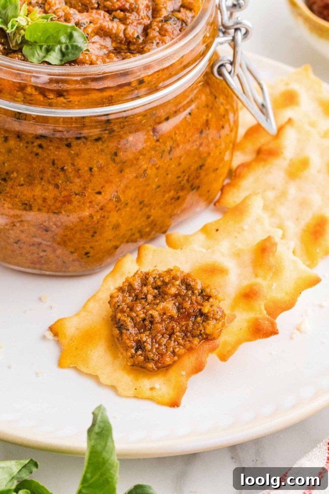 sun-dried tomato pesto on a cracker on a white plate