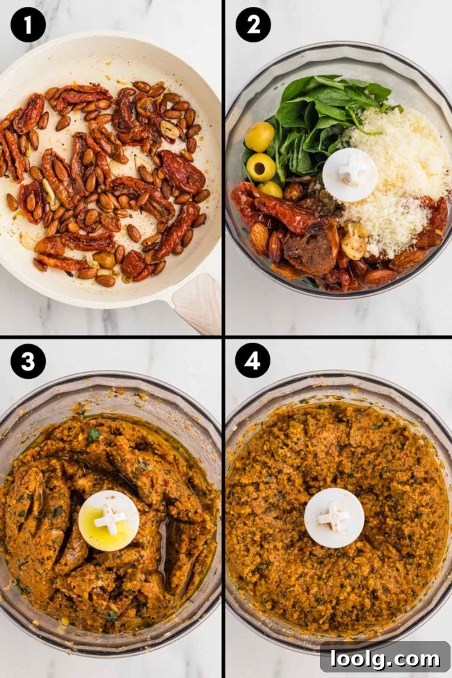 collage showing the blending together of the ingredients needed to make sun-dried tomato pesto