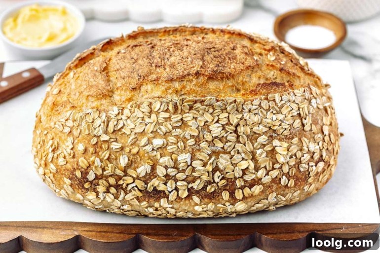 side shot of the full baked honey oat sourdough bread