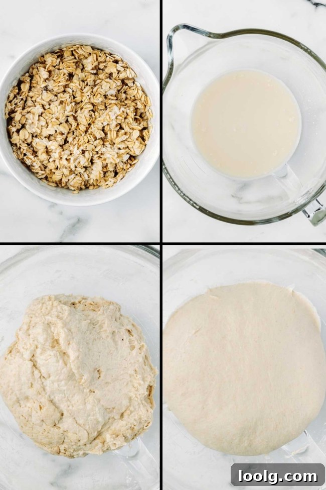 collage showing the hydrated oats and initial dough