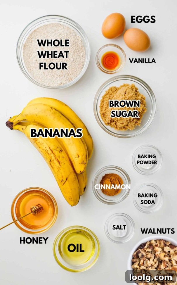 Ingredients laid out to make whole wheat banana nut bread