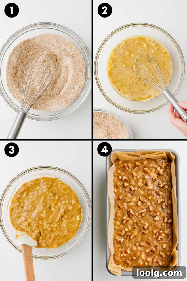 Collage showing how to mix the dry and wet ingredients for whole wheat banana nut bread