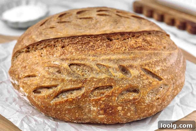 Crusty whole wheat sourdough bread with decorative scoring, resting on parchment paper.