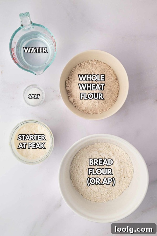 Ingredients for whole wheat sourdough: whole wheat flour, bread flour, water, salt, and active starter.