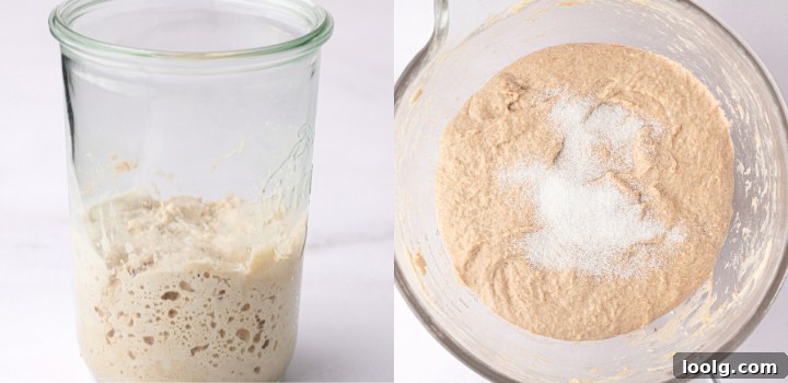 Active sourdough levain in a jar alongside flour and water mixed for the autolyse.