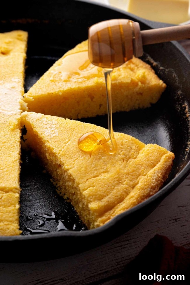 Honey being drizzled over a slice of sourdough discard cornbread