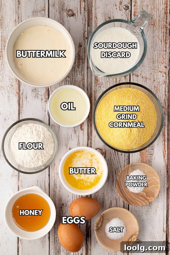 Ingredients for sourdough cornbread including sourdough discard, cornmeal, flour, buttermilk, eggs, butter and honey