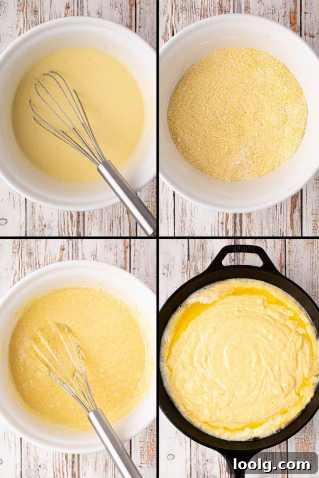 Four process photos showing how to mix sourdough cornbread batter and pour it into a cast iron skillet