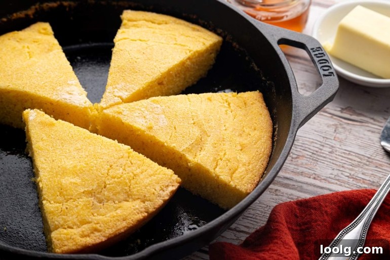 Homemade sourdough cornbread sliced into thick wedges in a cast iron skillet