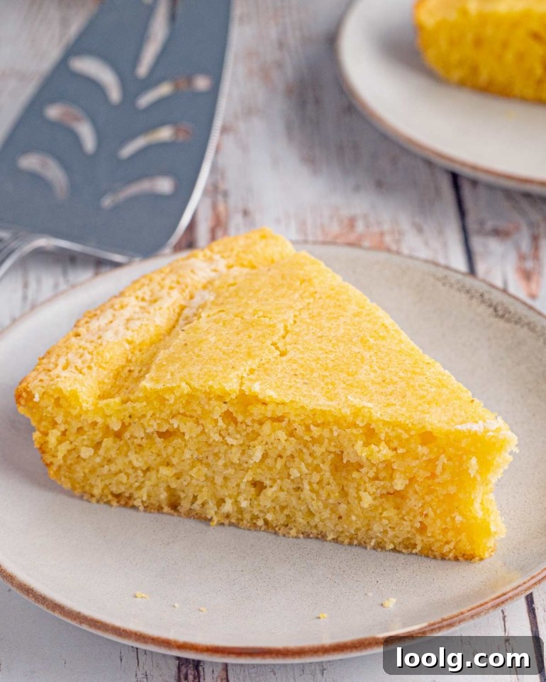 Close-up of a thick slice of sourdough cornbread showing its golden crust and tender crumb