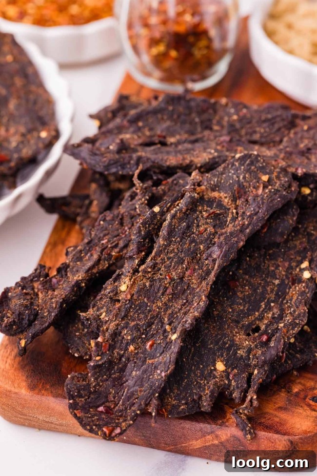 Homemade Smoky Venison Jerky Recipe 2 Savory venison jerky strips seasoned with spices, displayed on a wooden board with additional seasoning in the background.