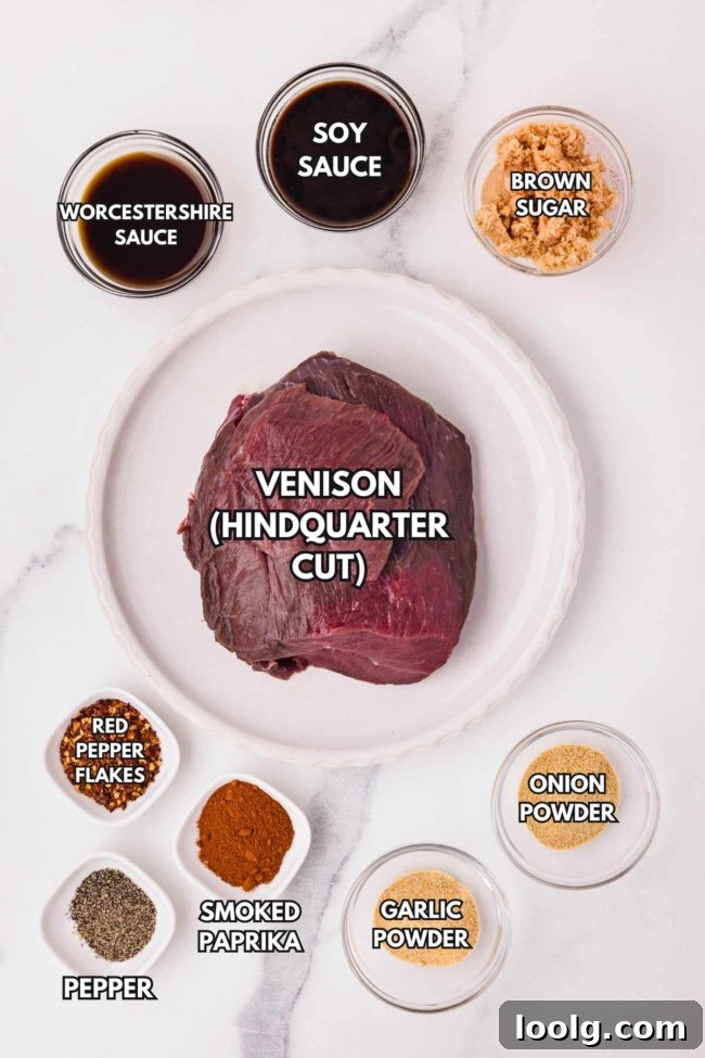 Homemade Smoky Venison Jerky Recipe 3 Ingredients for venison jerky, including hindquarter cut, soy sauce, Worcestershire sauce, and various spices.