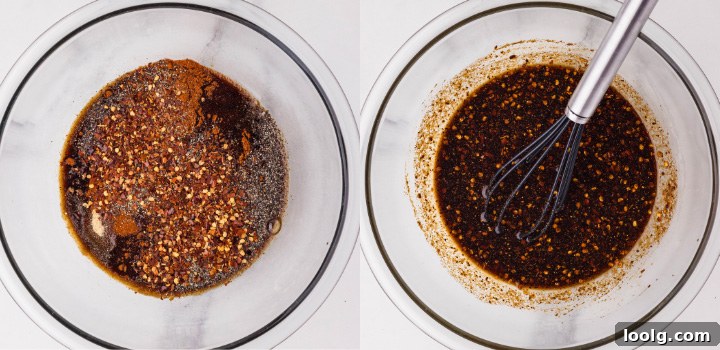 Homemade Smoky Venison Jerky Recipe 5 Spices and marinade ingredients for venison jerky are mixed in a glass bowl, showcasing the preparation process.