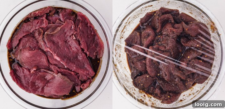 Homemade Smoky Venison Jerky Recipe 6 Raw venison marinating in a bowl on the left, and marinated strips ready for drying on the right, showcasing venison jerky preparation.