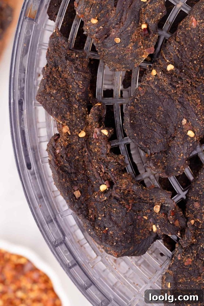 Homemade Smoky Venison Jerky Recipe 8 Close-up of seasoned venison jerky pieces drying on a tray, showcasing their rich texture and spices.
