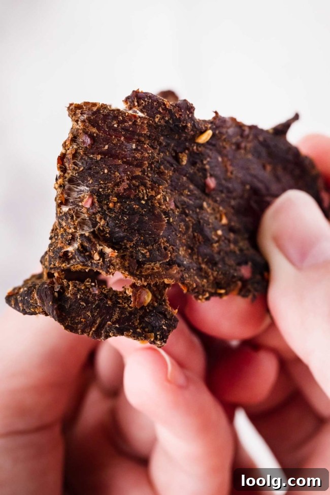 Homemade Smoky Venison Jerky Recipe 9 A hand bending a strip of venison jerky to demonstrate the cracks and separating meat fibers used to check dryness.